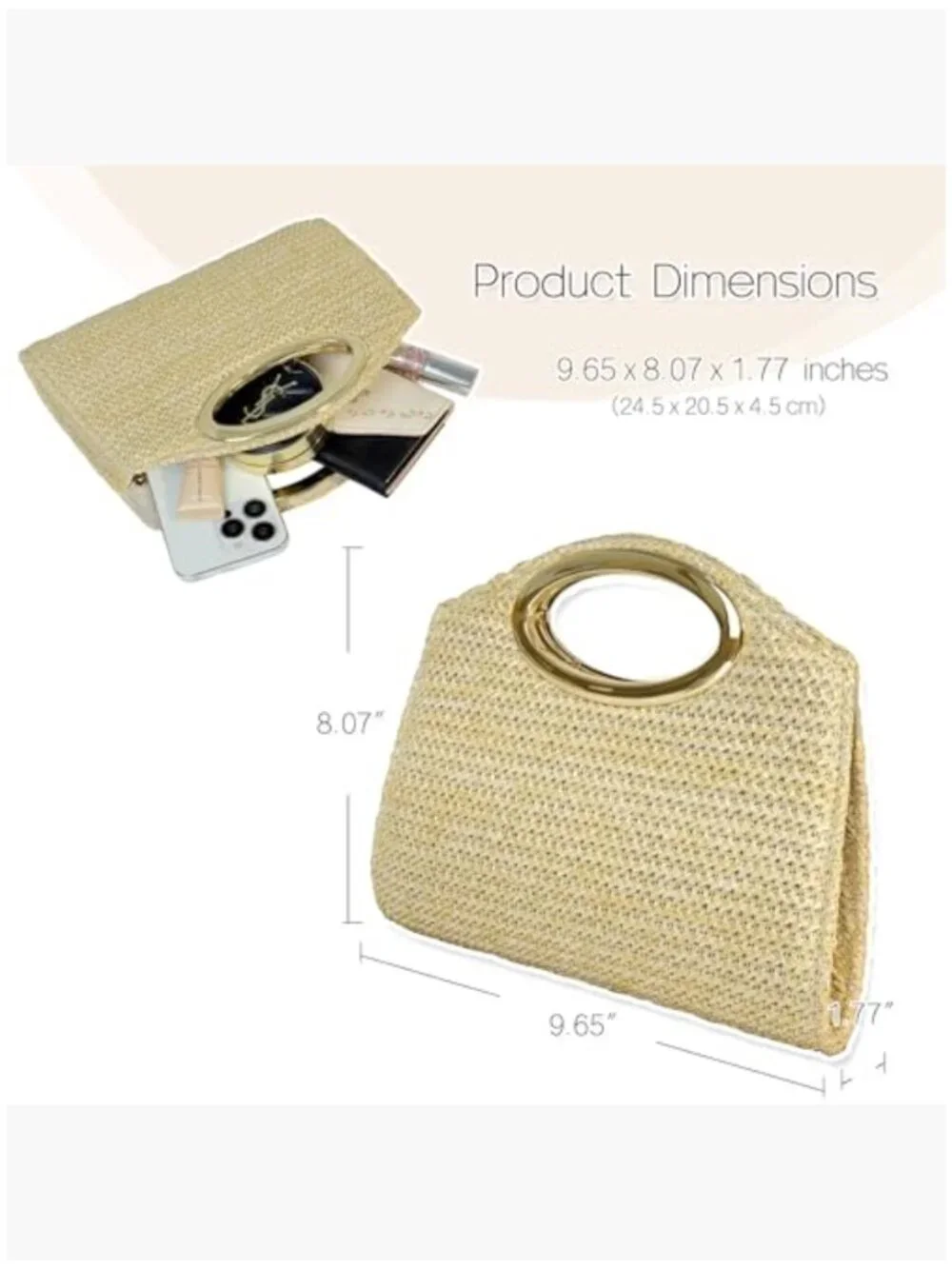 Woven Straw Clutch with Gold Chain, Top Handle Evening Bag - Picture 4 of 7